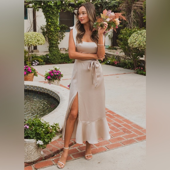 Show Me Your Mumu Claire Beige Satin Ruffle Hem Tie Waist Midi